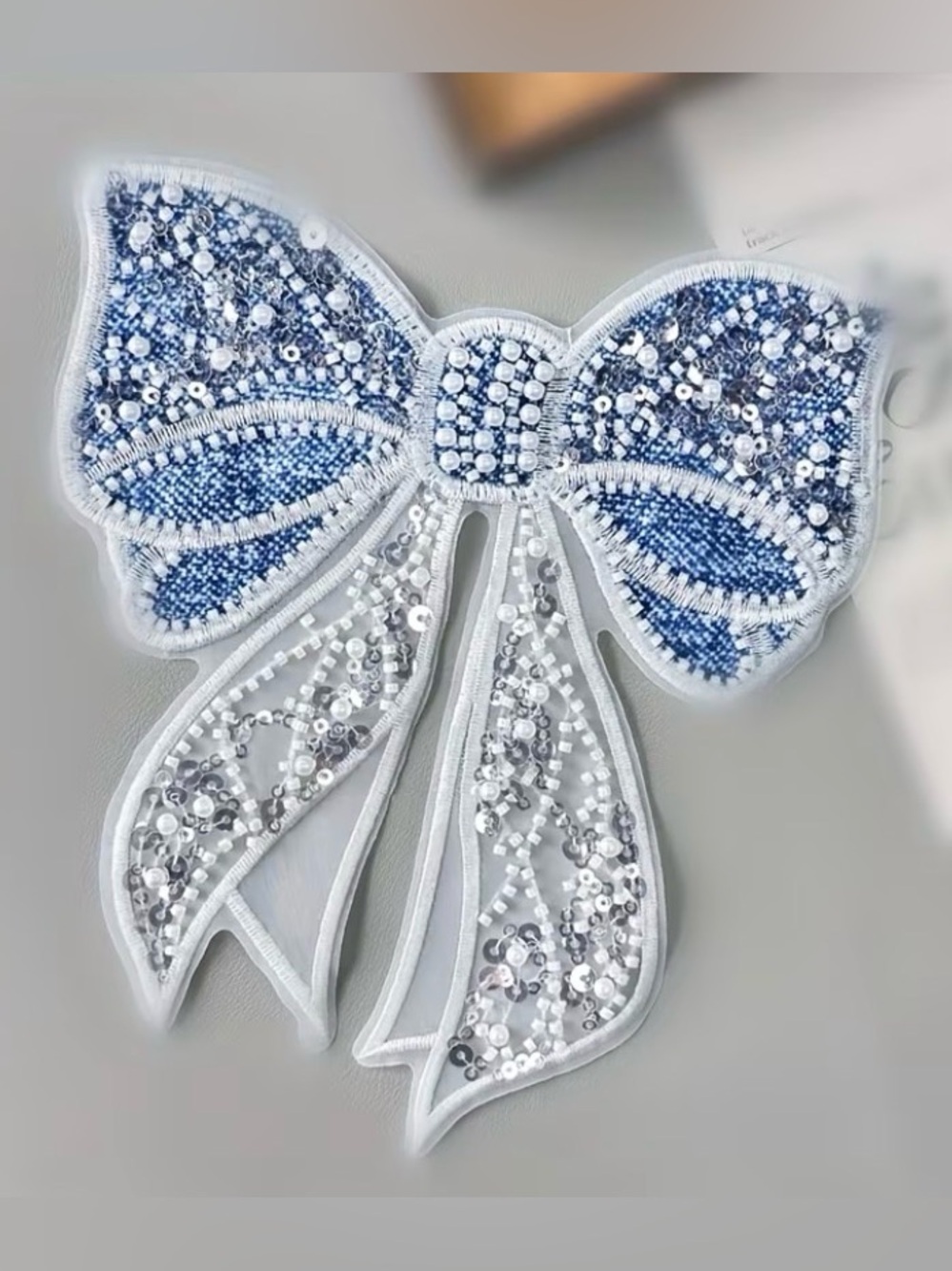 Denim and Pearls Sequins Appliqué Bow Craft & Clothing Embellishment New